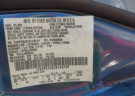 2002 Ford Taurus Lx z USA, uszkodzony, nr VIN 1FAFP52UX2A168749